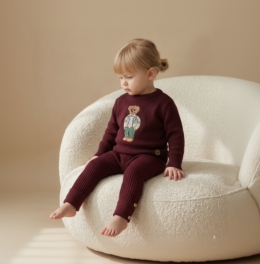 Suéter Infantil Tricô Vinho Bordado Urso