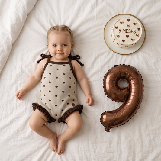 Romper Bebê Tricô Coração Bege e Marrom com Babados