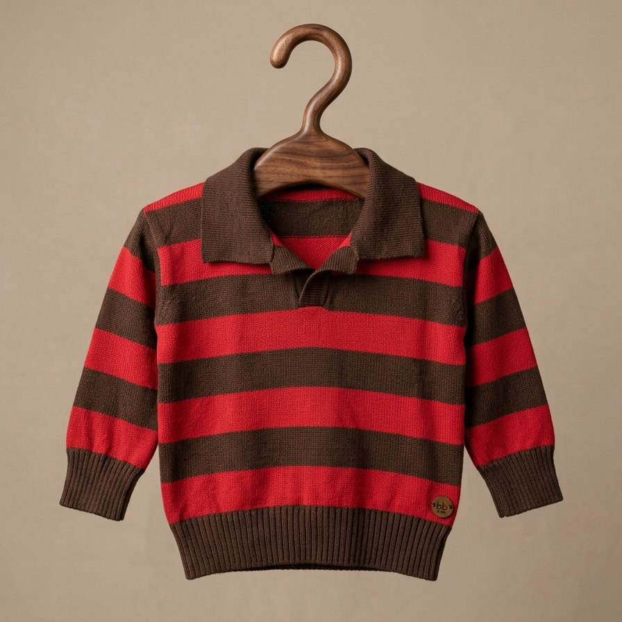Suéter Infantil Tricô Listrado Vermelho e Marrom Gola Polo