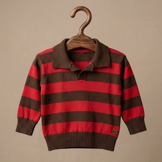 Suéter Infantil Tricô Listrado Vermelho e Marrom Gola Polo