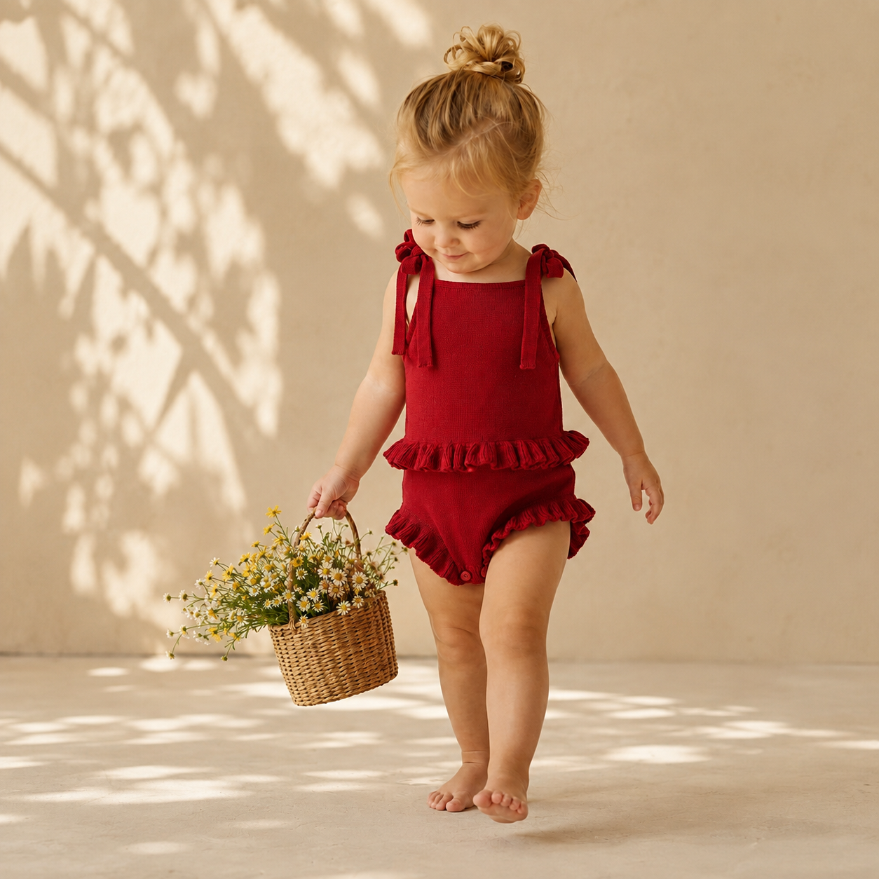 Body Romper Bebê Tricô Vermelho Natal com Babados