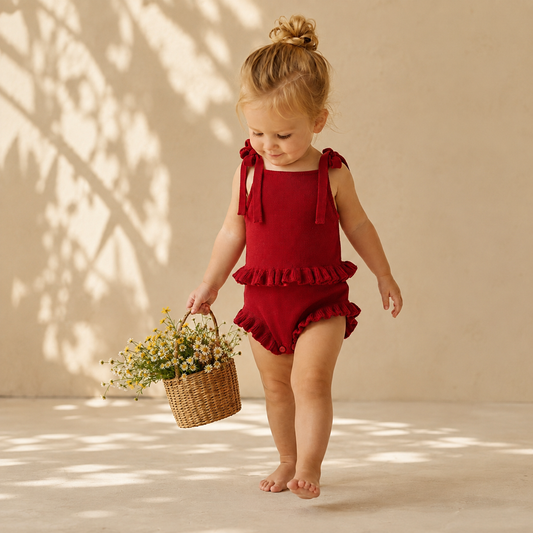 Body Romper Bebê Tricô Vermelho Natal com Babados