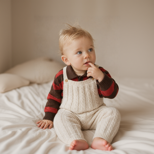 Suéter Infantil Tricô Listrado Vermelho e Marrom Gola Polo