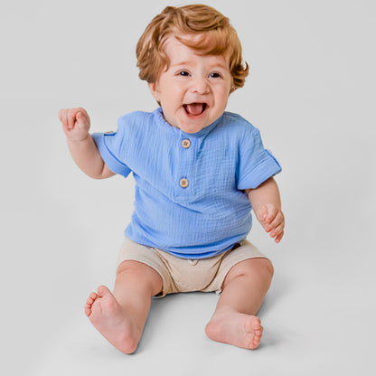 Camisa Menino em Gaze Azul - Bebê e Infantil