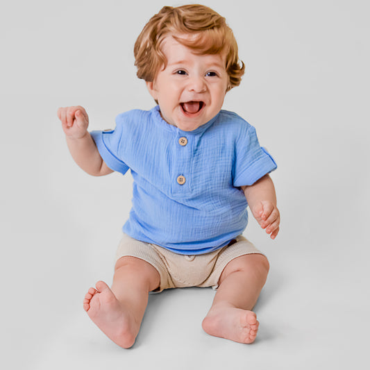 Camisa Menino em Gaze Azul - Bebê e Infantil