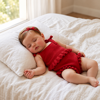 Body Romper Bebê Tricô Vermelho Natal com Babados