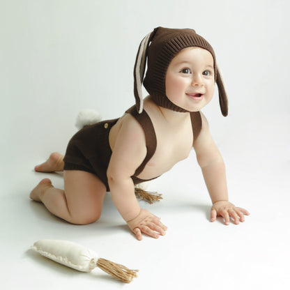 Shorts Suspensório Tricô Coelhinho Chocolate