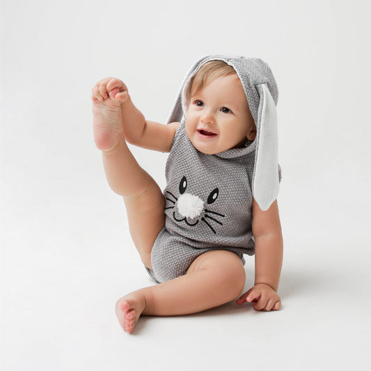 Romper Tricot Bordado Coelhinho com Capuz Cinza  - Unissex