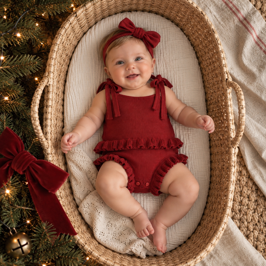 Body Romper Bebê Tricô Vermelho Natal com Babados