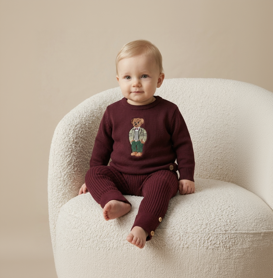 Suéter Infantil Tricô Vinho Bordado Urso