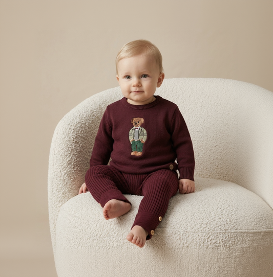 Suéter Infantil Tricô Vinho Bordado Urso