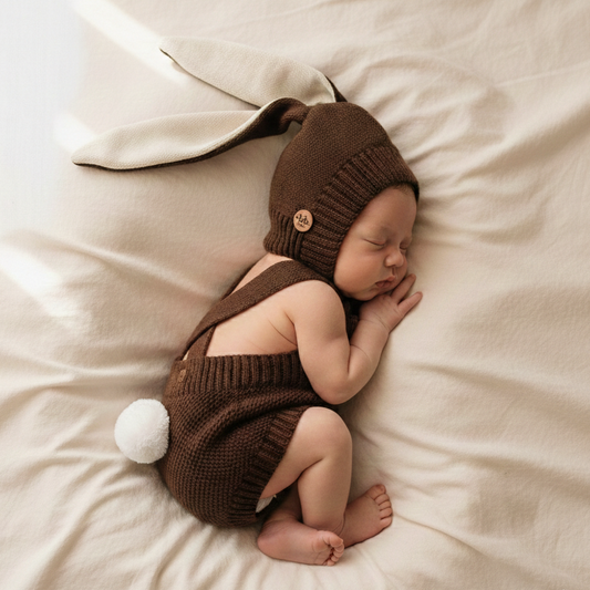 Shorts Suspensório Tricô Coelhinho Chocolate