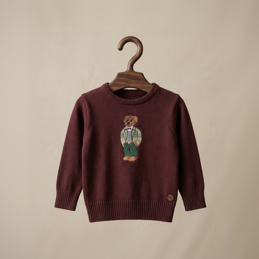 Suéter Infantil Tricô Vinho Bordado Urso