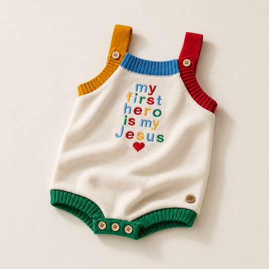 Romper Tricot Bordado Meu Primeiro Herói é Jesus