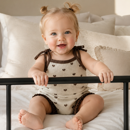Romper Bebê Tricô Coração Bege e Marrom com Babados