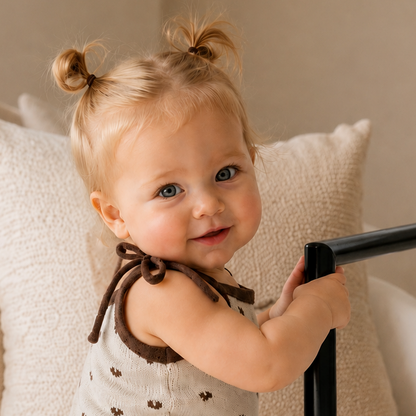 Romper Bebê Tricô Coração Bege e Marrom com Babados