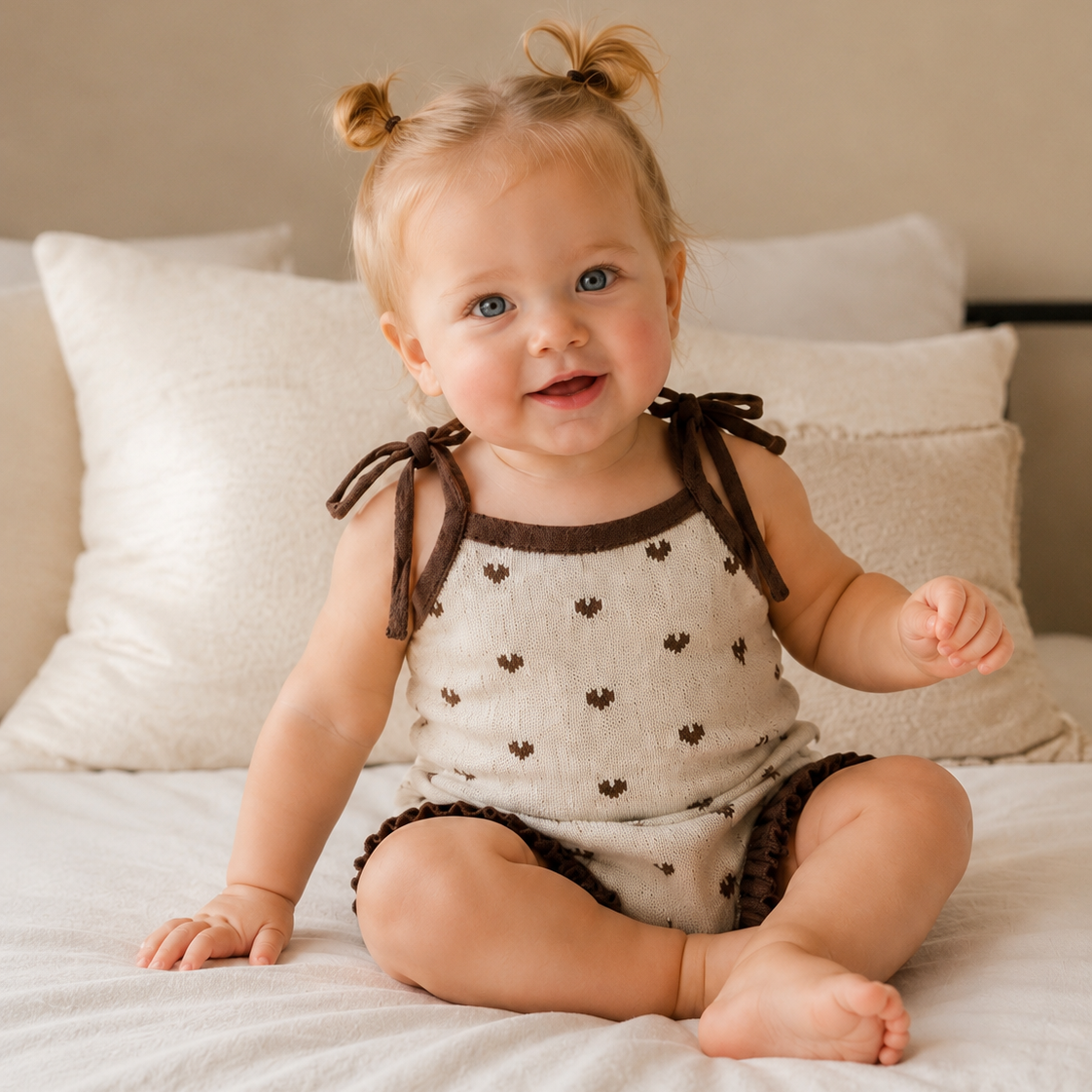 Romper Bebê Tricô Coração Bege e Marrom com Babados