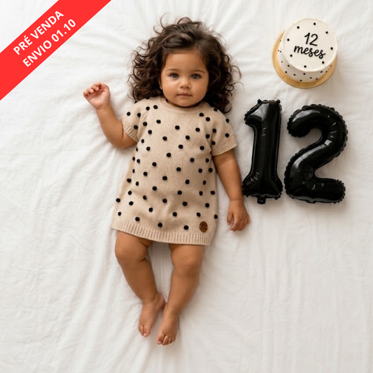 Vestido Bebê e Infantil Tricô Poá Bege e Preto