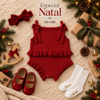 Body Romper Bebê Tricô Vermelho Natal com Babados