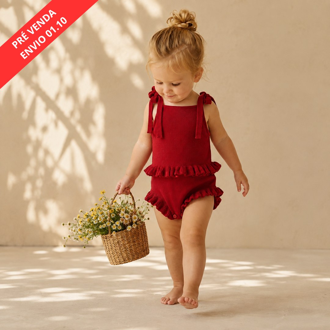 Body Romper Bebê Tricô Vermelho Natal com Babados