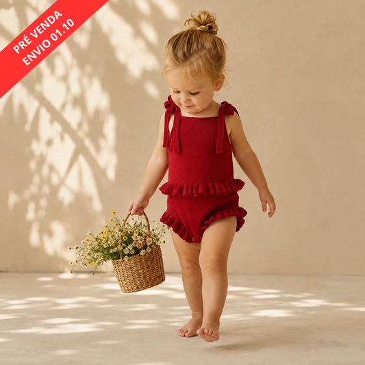 Body Romper Bebê Tricô Vermelho Natal com Babados