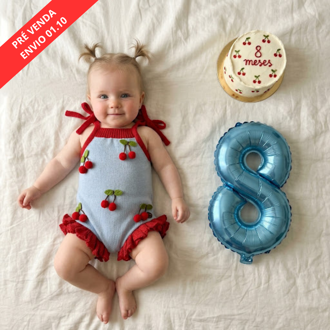 Romper Bebê Tricô Cereja com Babados
