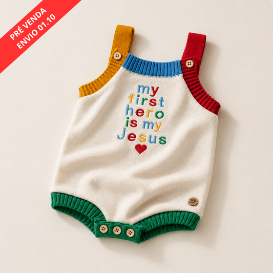 Romper Tricot Bordado Meu Primeiro Herói é Jesus