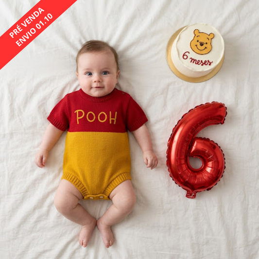 Romper Bebê Tricô Ursinho Pooh Vermelho e Amarelo