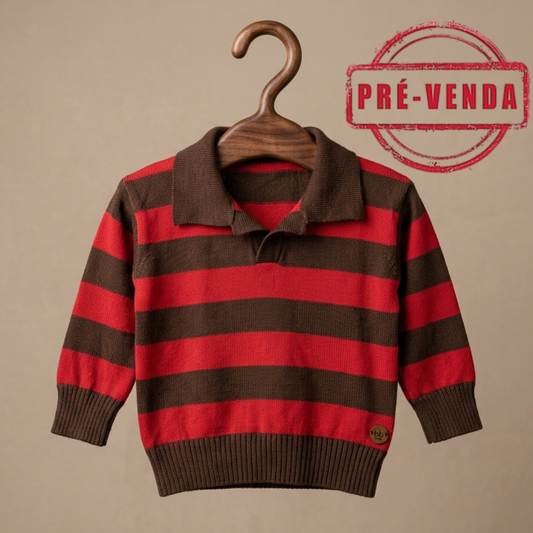 Suéter Infantil Tricô Listrado Vermelho e Marrom Gola Polo
