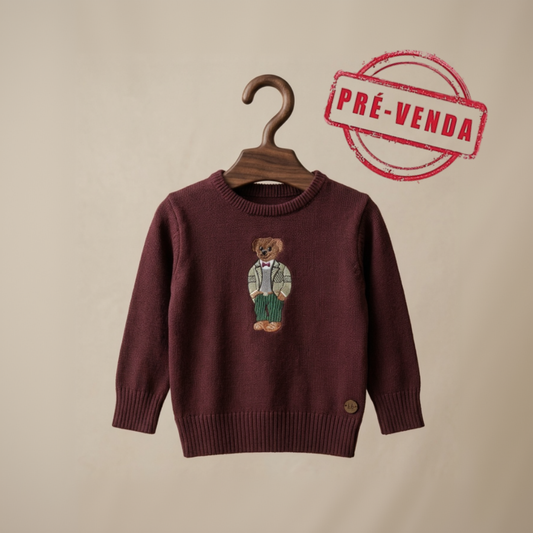 Suéter Infantil Tricô Vinho Bordado Urso