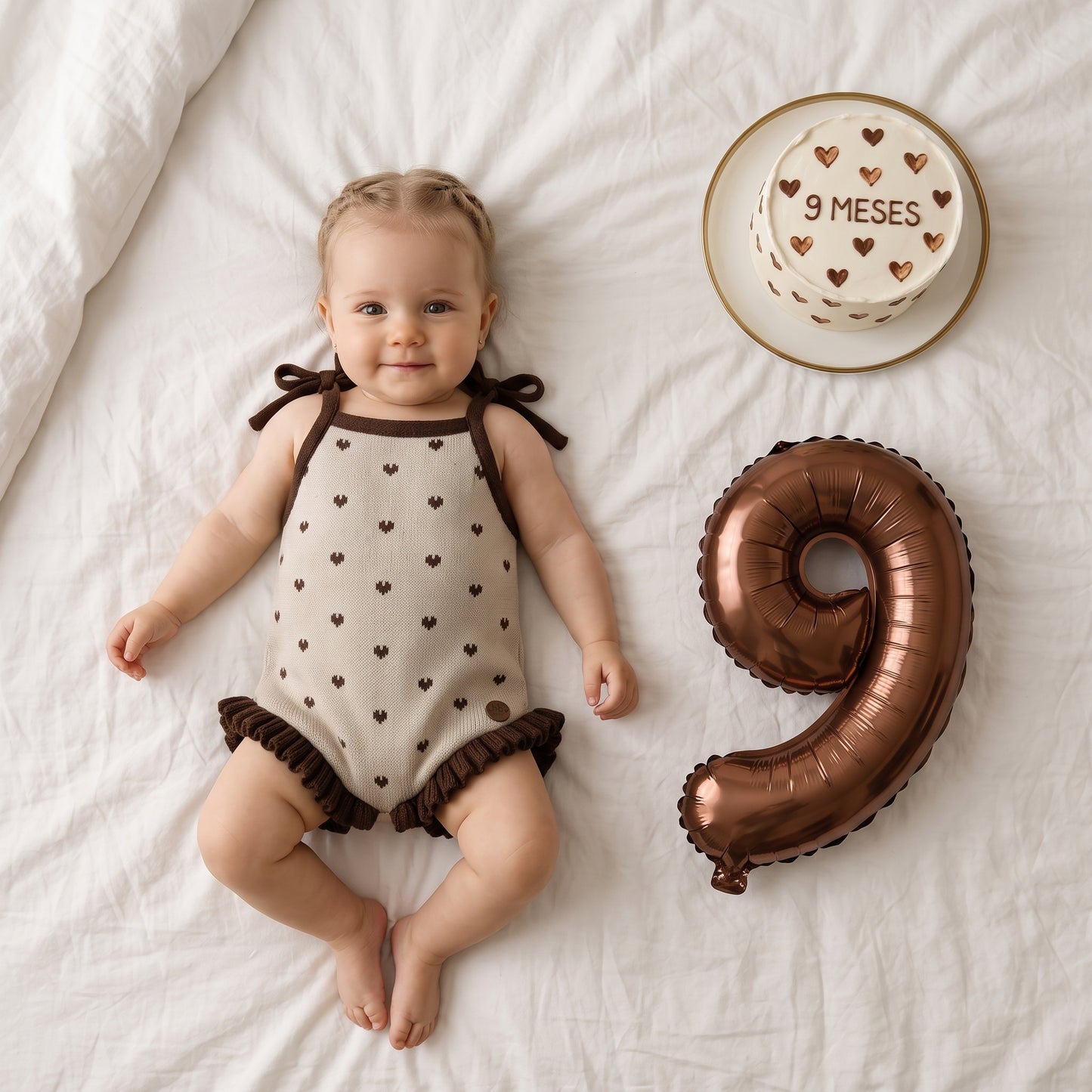 Romper Bebê Tricô Coração Bege e Marrom com Babados