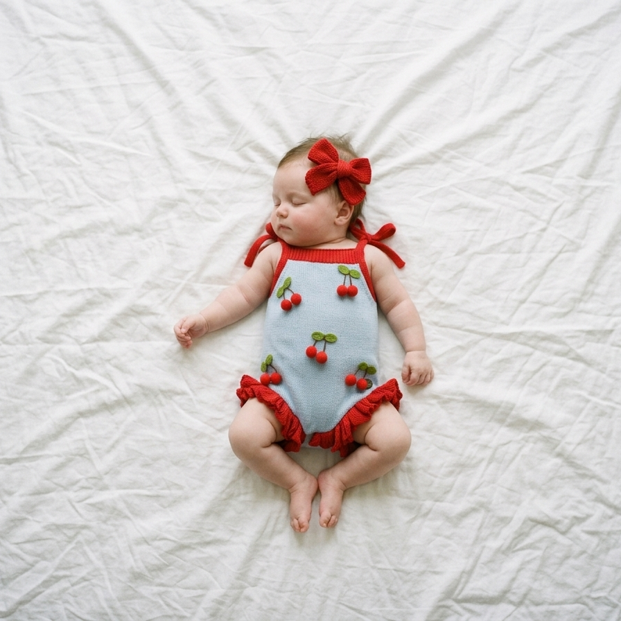 Romper Bebê Tricô Cereja com Babados
