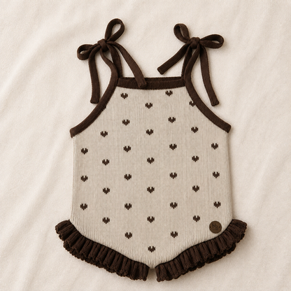 Romper Bebê Tricô Coração Bege e Marrom com Babados