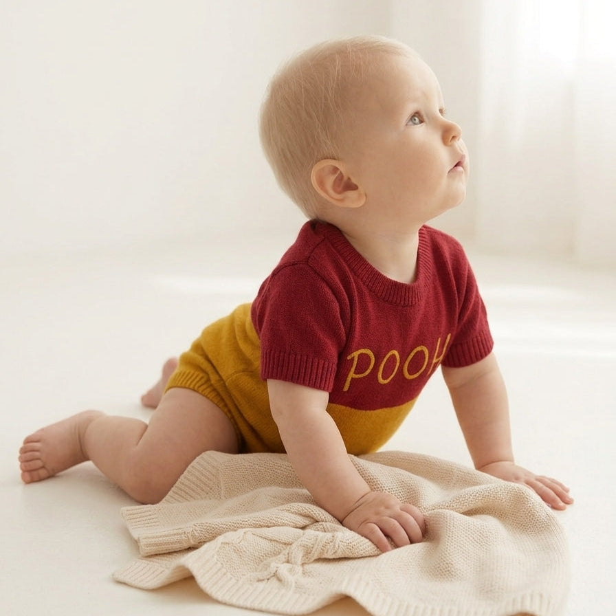Romper Bebê Tricô Ursinho Pooh Vermelho e Amarelo
