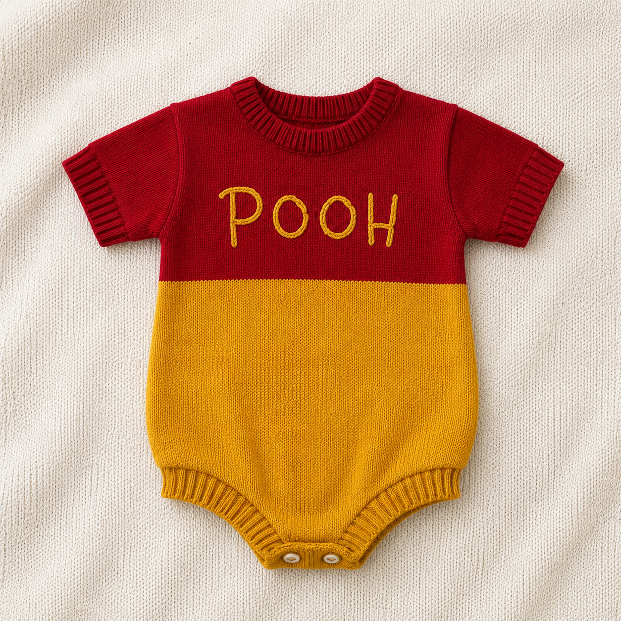 Romper Bebê Tricô Ursinho Pooh Vermelho e Amarelo