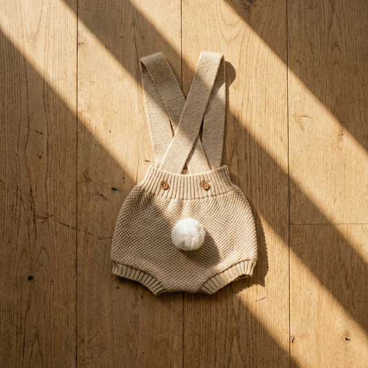 Shorts Suspensório Tricô Coelhinho Bege