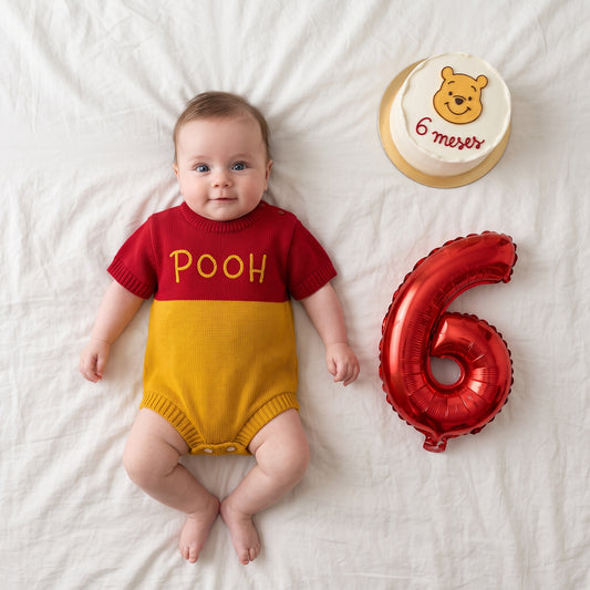 Romper Bebê Tricô Ursinho Pooh Vermelho e Amarelo