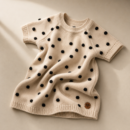 Vestido Bebê e Infantil Tricô Poá Bege e Preto