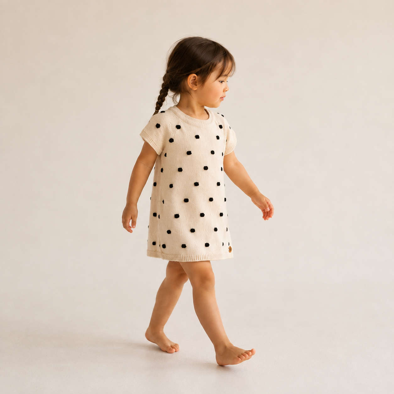 Vestido Bebê e Infantil Tricô Poá Bege e Preto