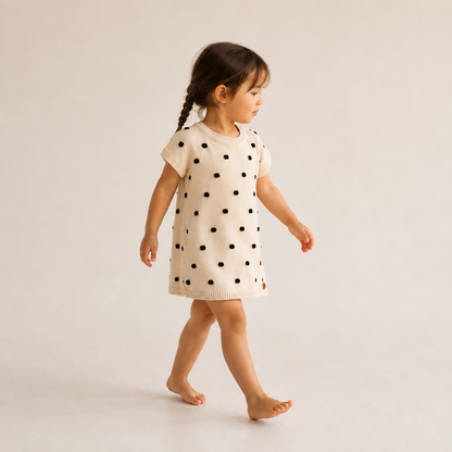 Vestido Bebê e Infantil Tricô Poá Bege e Preto