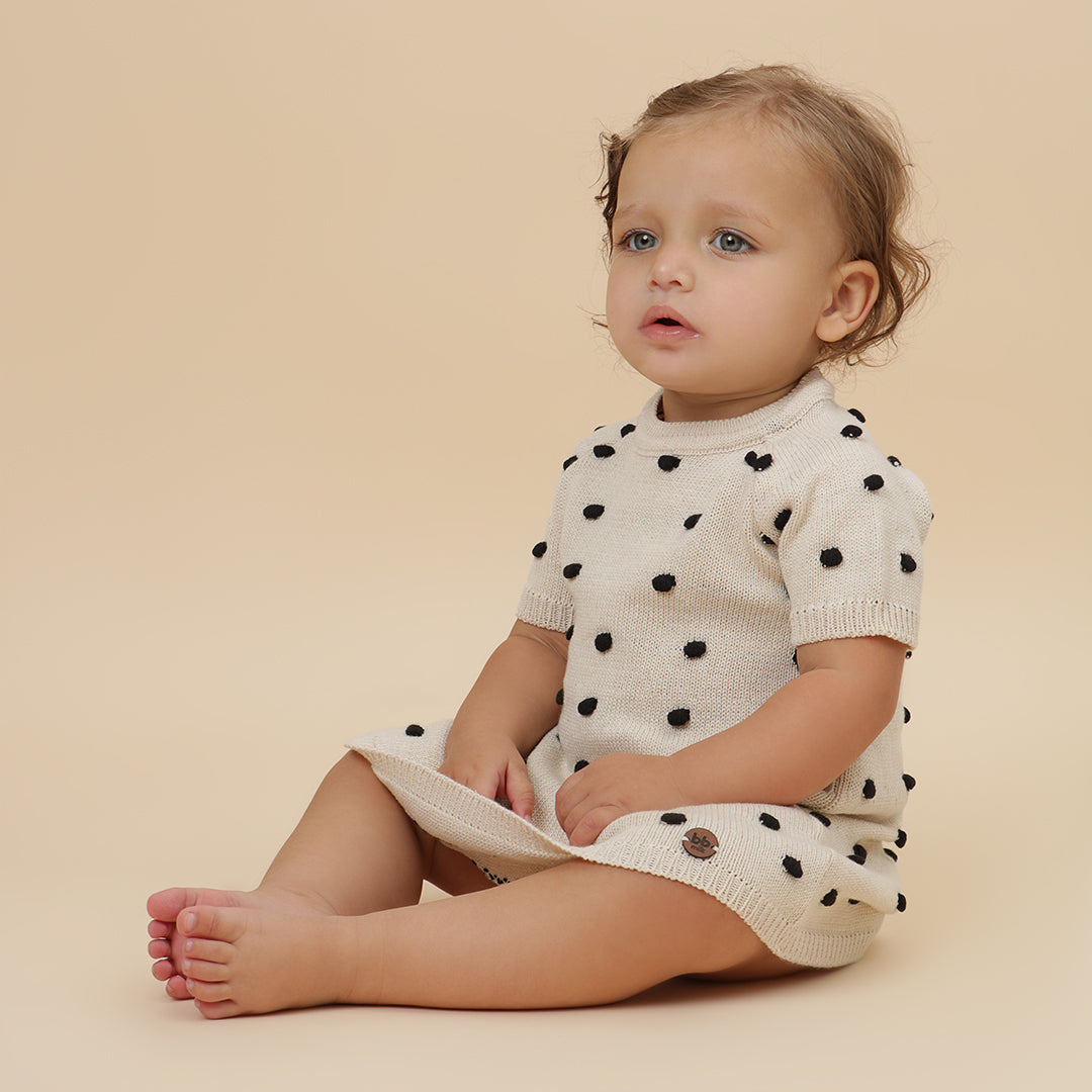 Vestido Bebê e Infantil Tricô Poá Bege e Preto