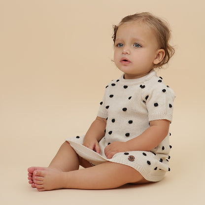 Vestido Bebê e Infantil Tricô Poá Bege e Preto